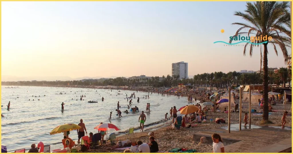 Golden beach and sparkling Mediterranean waters in Salou, Catalonia, Spain
